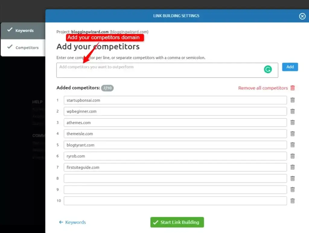 Semrush link building tool settings