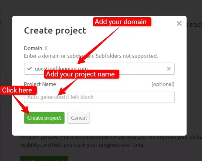 Create a semrush project