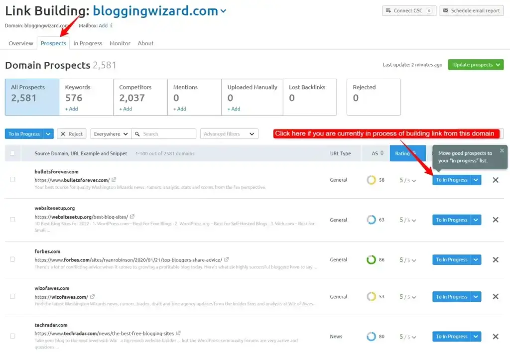 Link building tool domain prospects