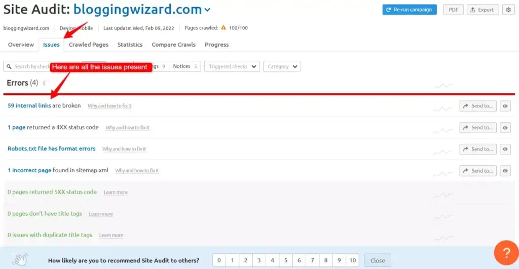 Site audit tool issues