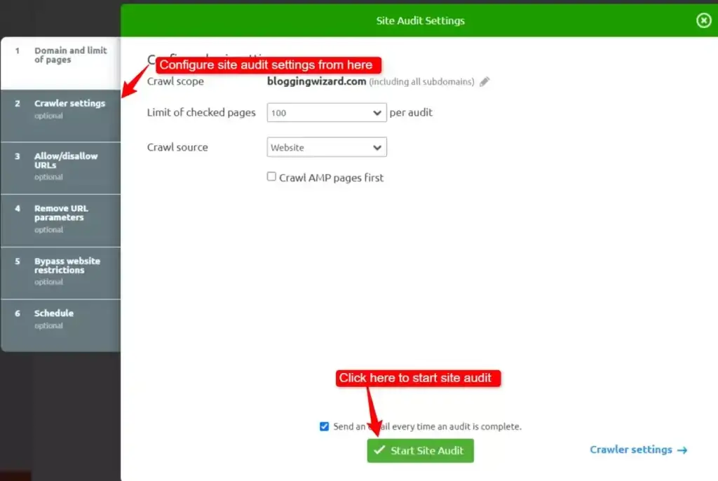 Semrush site audit tool settings