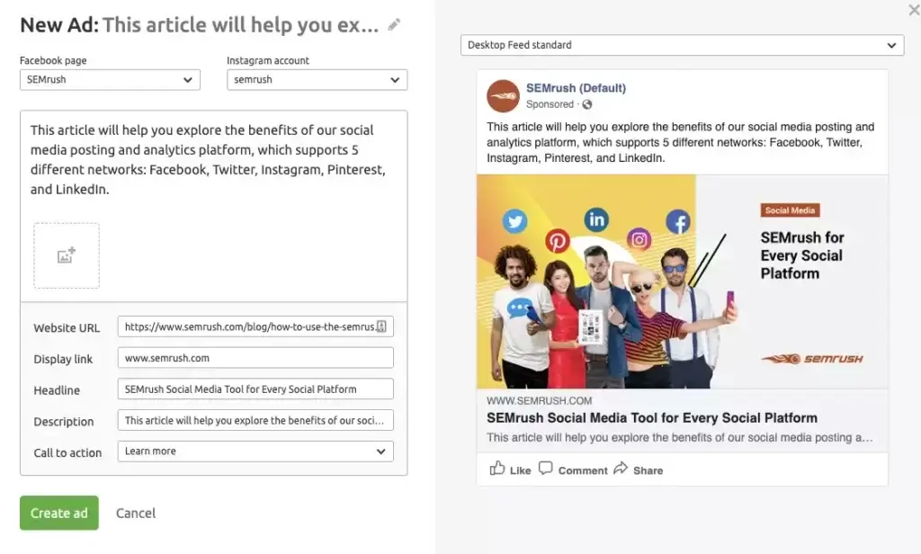 Semrush social media ad tool