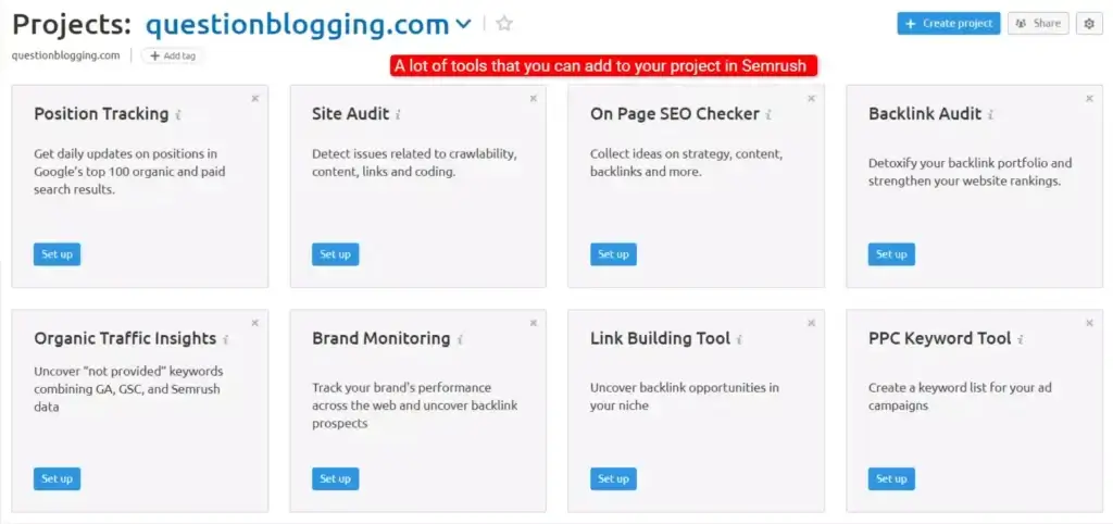 Project dashboard semrush tool