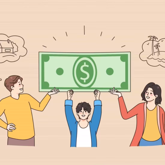 Happy family with kids holding dollar banknote