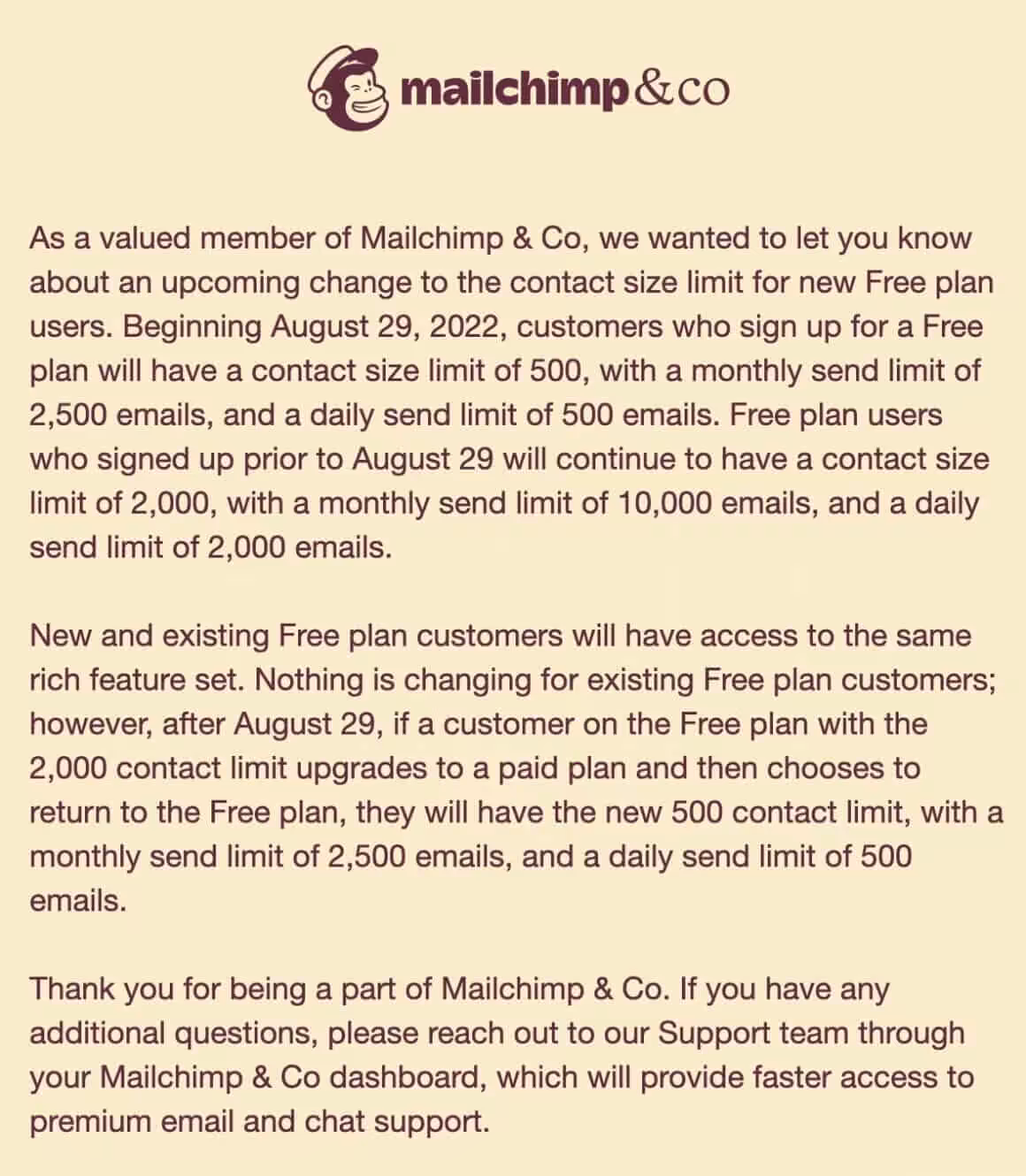 mailchimp plan change email screenshot