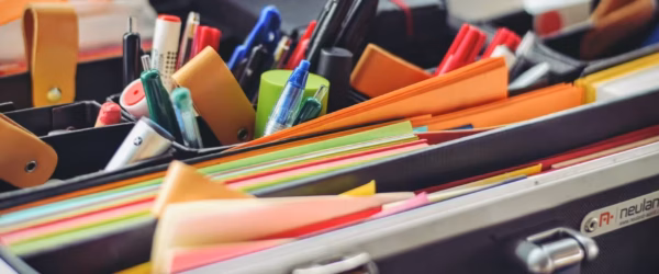 pens and markers on case