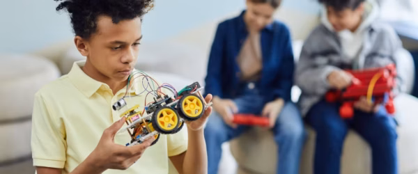 a boy holding a robotic car