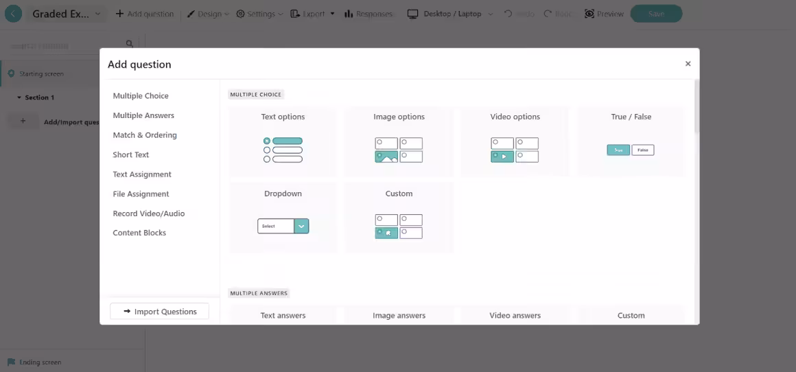 LearnWorlds assessment builder interface showing question types and grading options