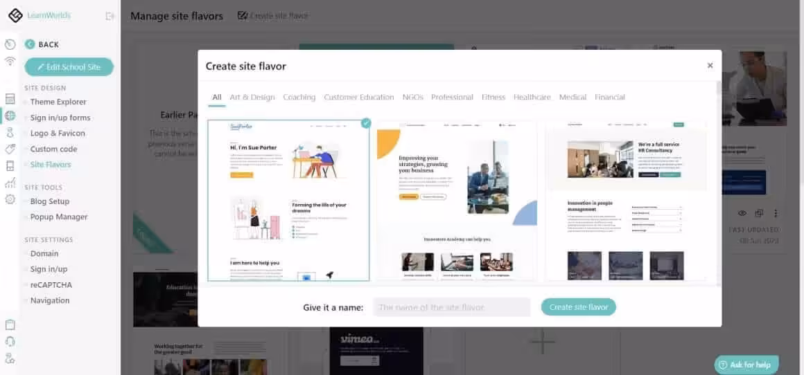 LearnWorlds site builder showing template customization options and layout editor