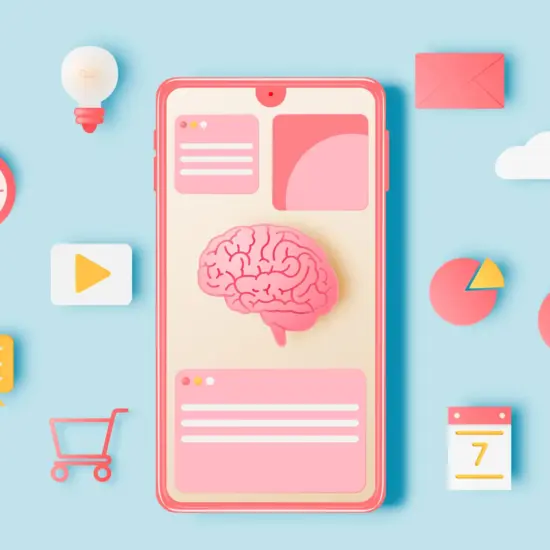 a pink cellphone with a brain on the screen