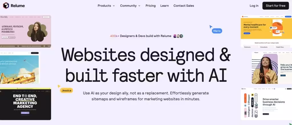 Relume AI website builder interface showing component library