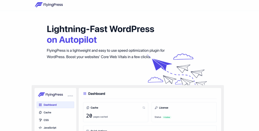 FlyingPress WordPress cache and performance settings dashboard