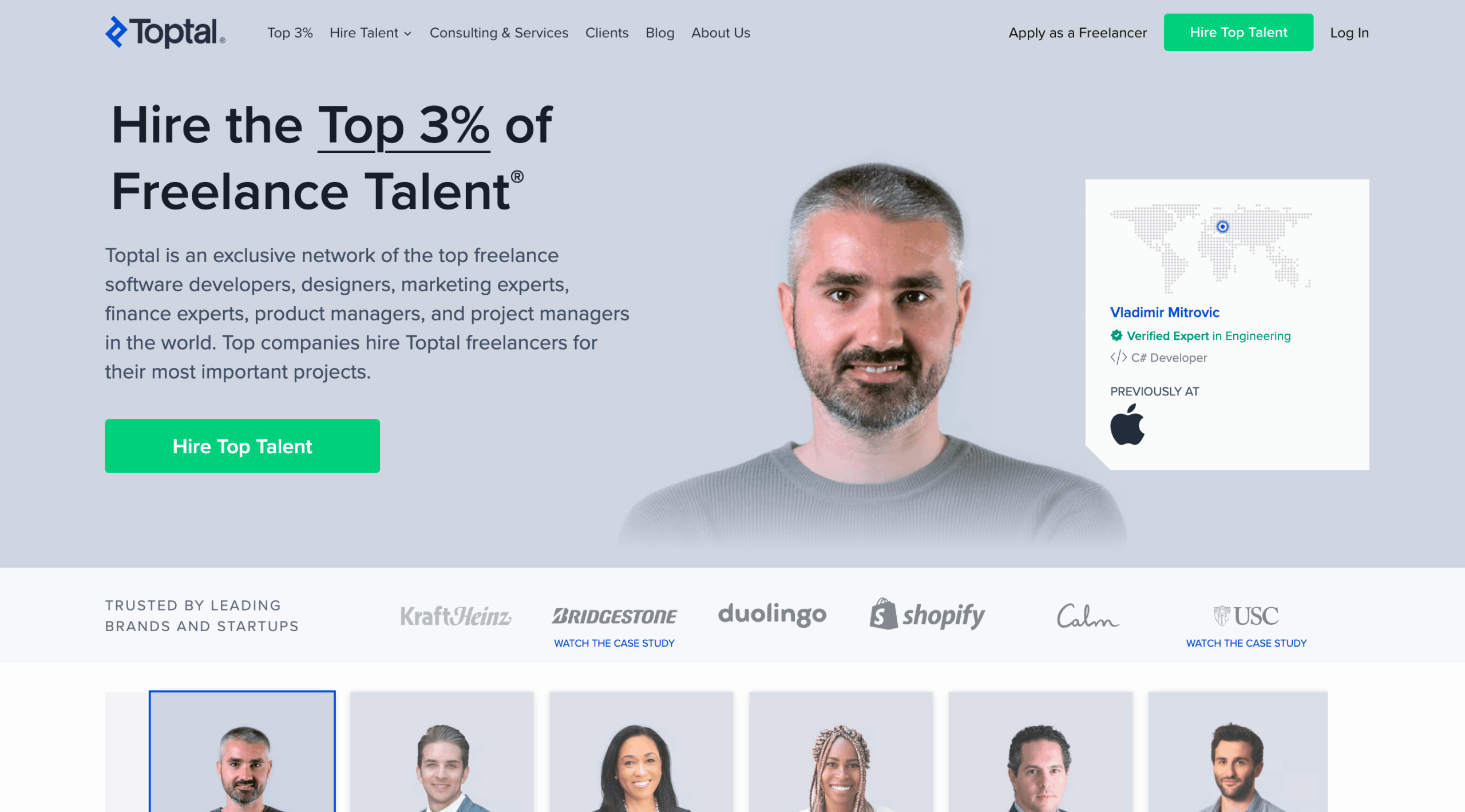 Toptal hire freelance talent landing page