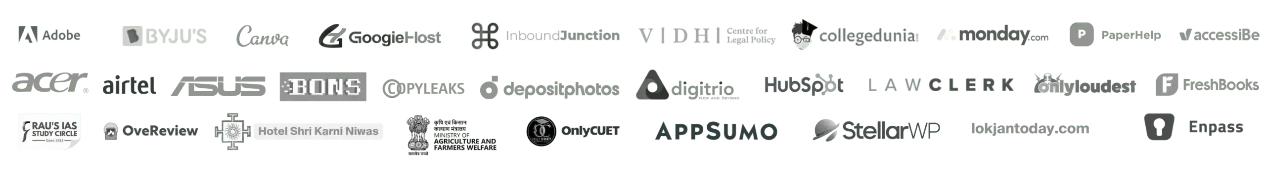 Trusted clients including IBM, Adobe, Canva, HubSpot, Monday.com, and Airtel