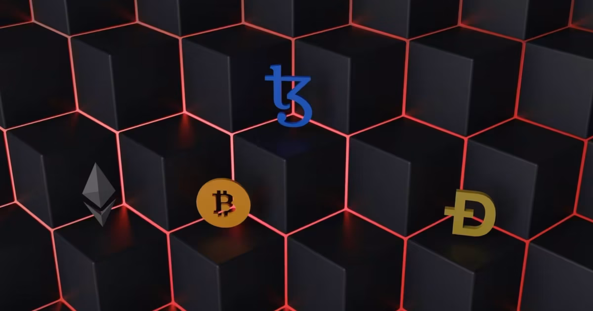 Cryptocurrency logos on hexagonal background