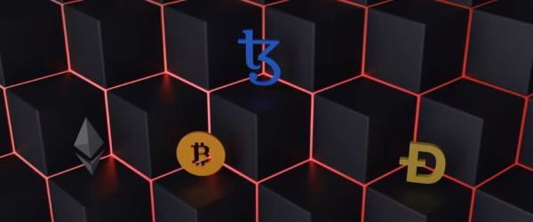 Cryptocurrency logos on hexagonal background