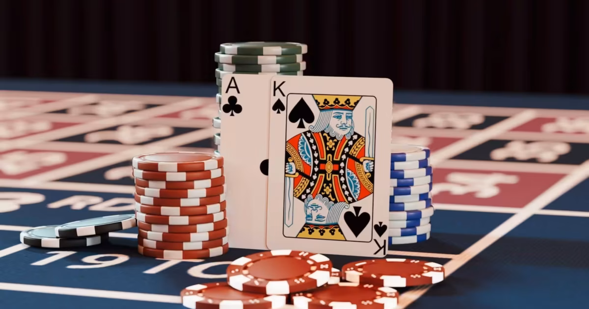 a casino table with poker chips and playing cards