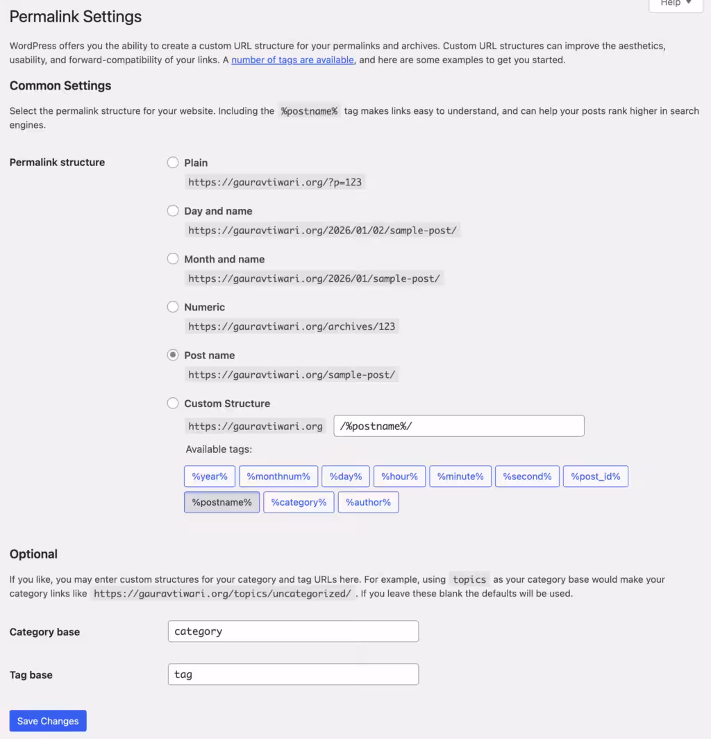 WordPress permalink settings interface screenshot