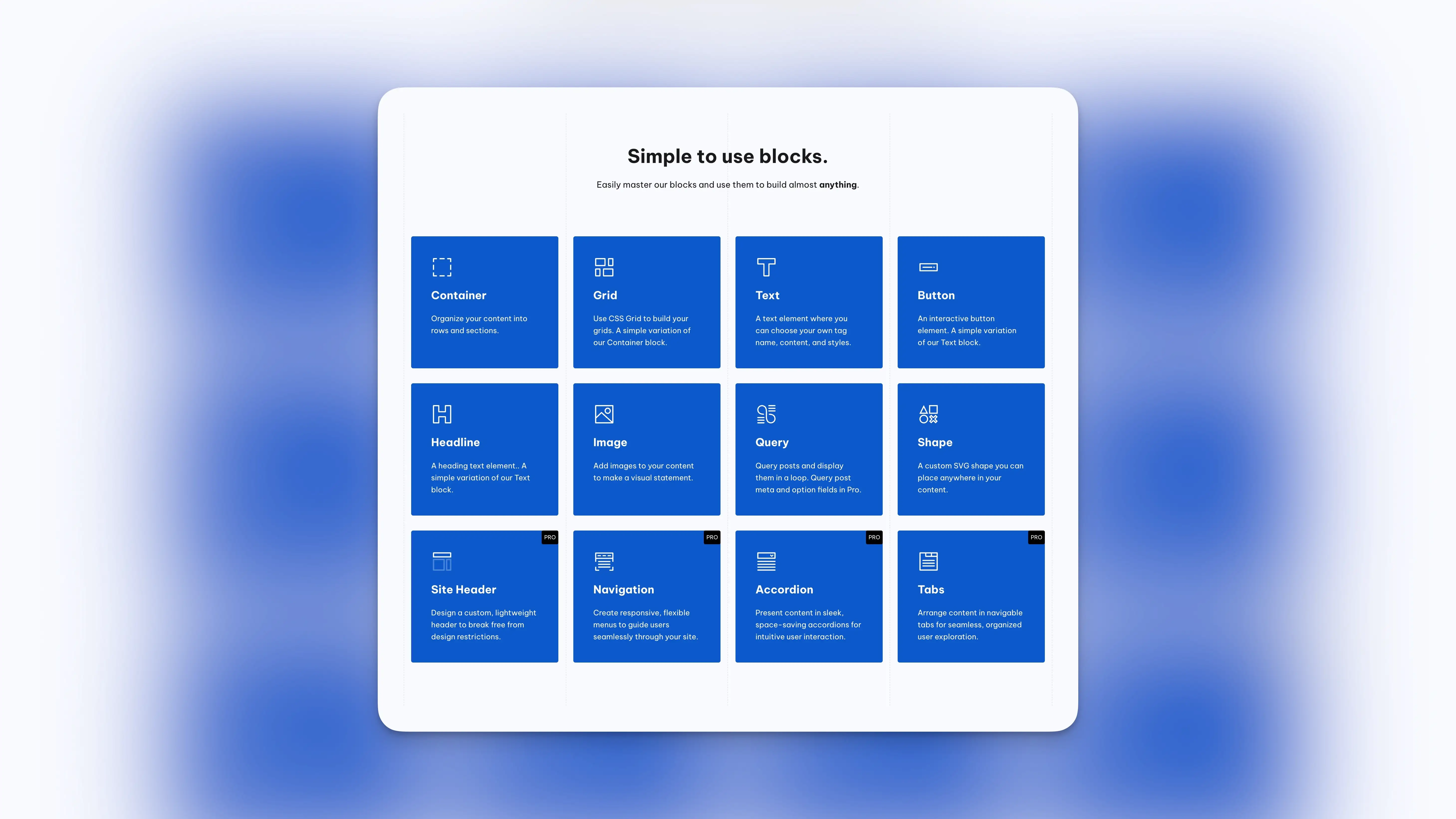GenerateBlocks block types including Container, Grid, Text, Button, Navigation, Site Header, Accordion, and Tabs