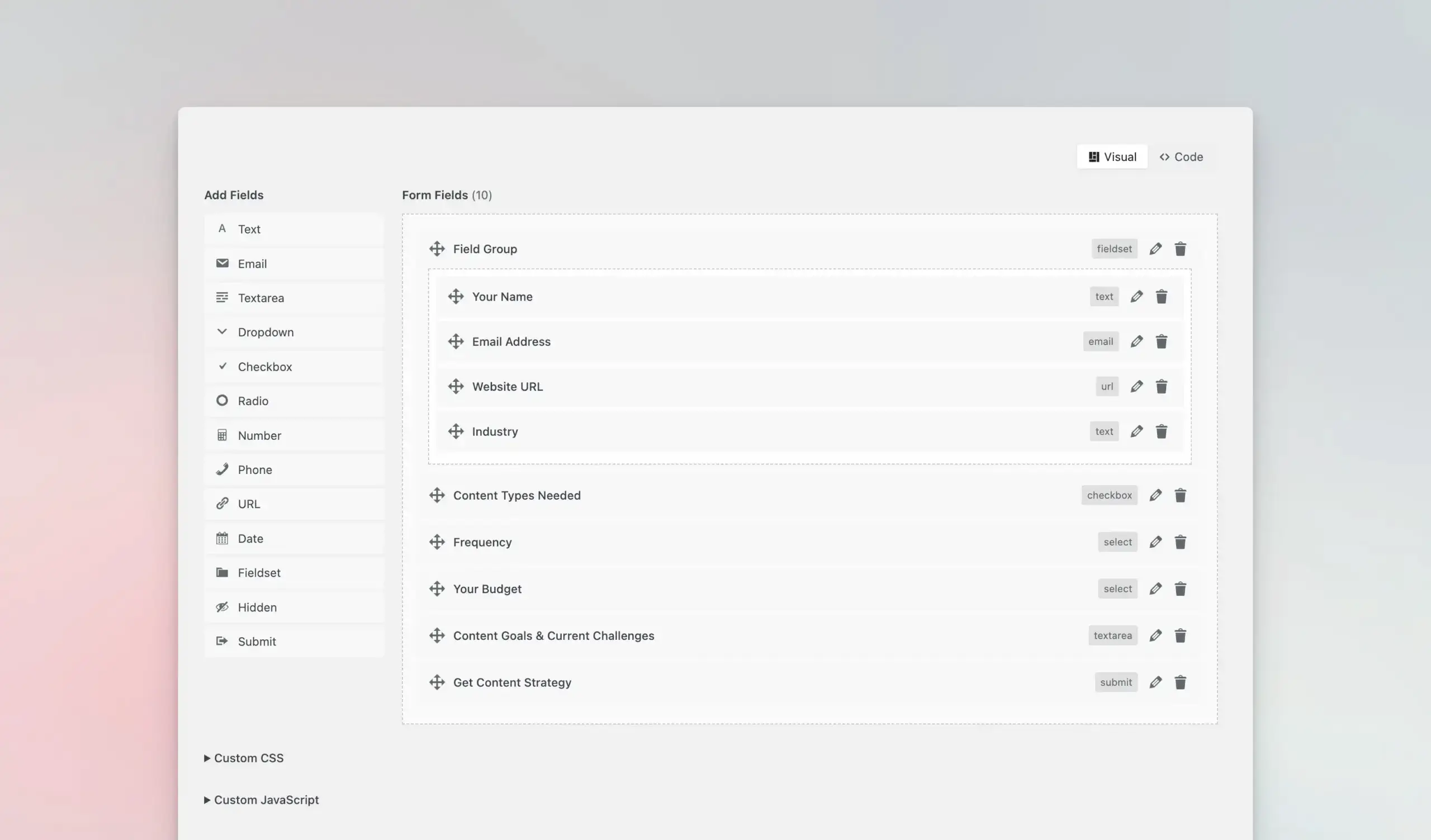 The visual form building mode.