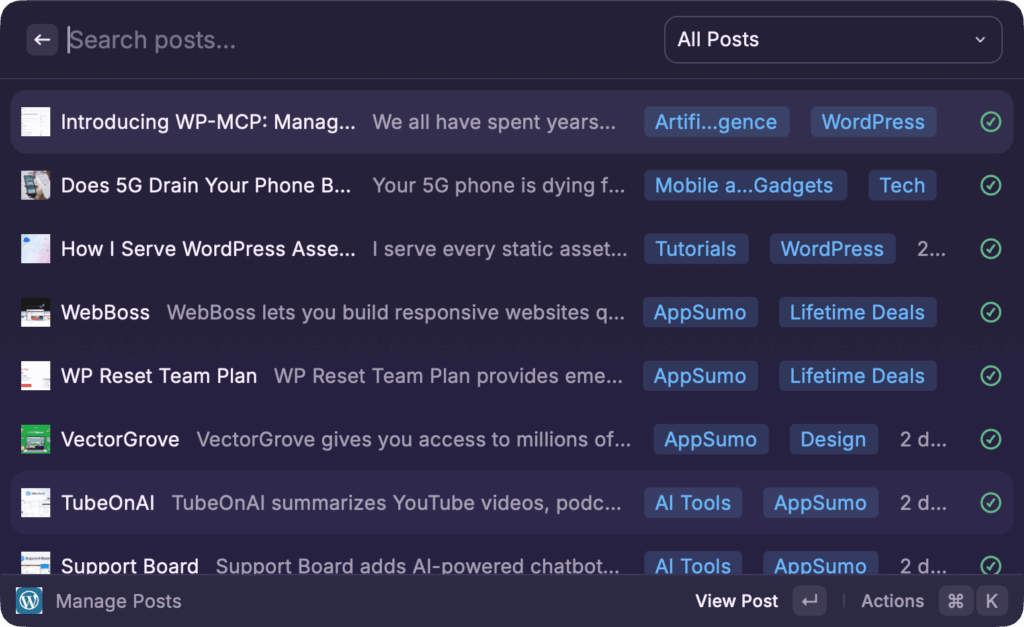 WordPress Manager for Raycast : List of posts with categories and tags