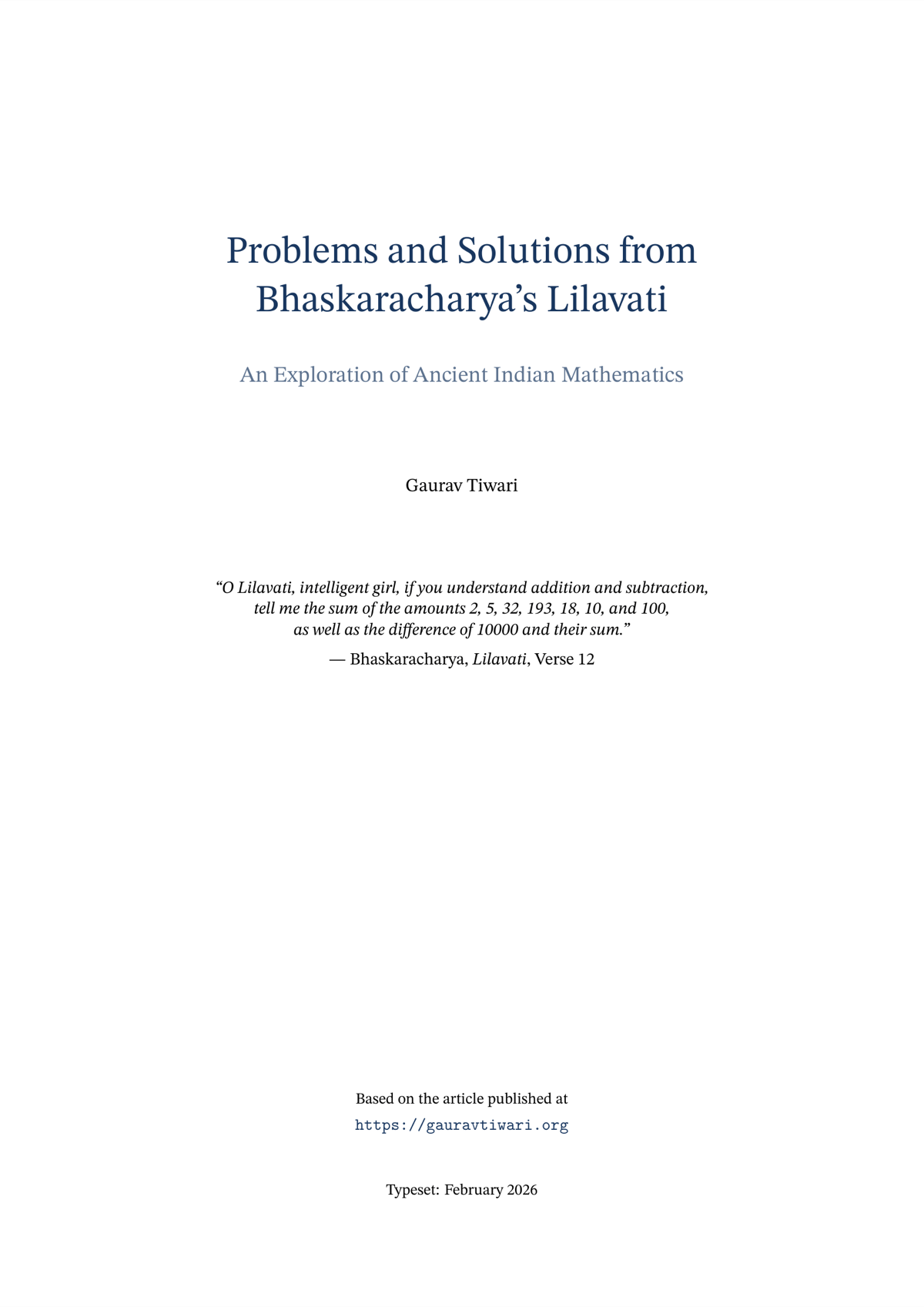 Bhaskaracharya's Lilavati: Ancient Indian Mathematics