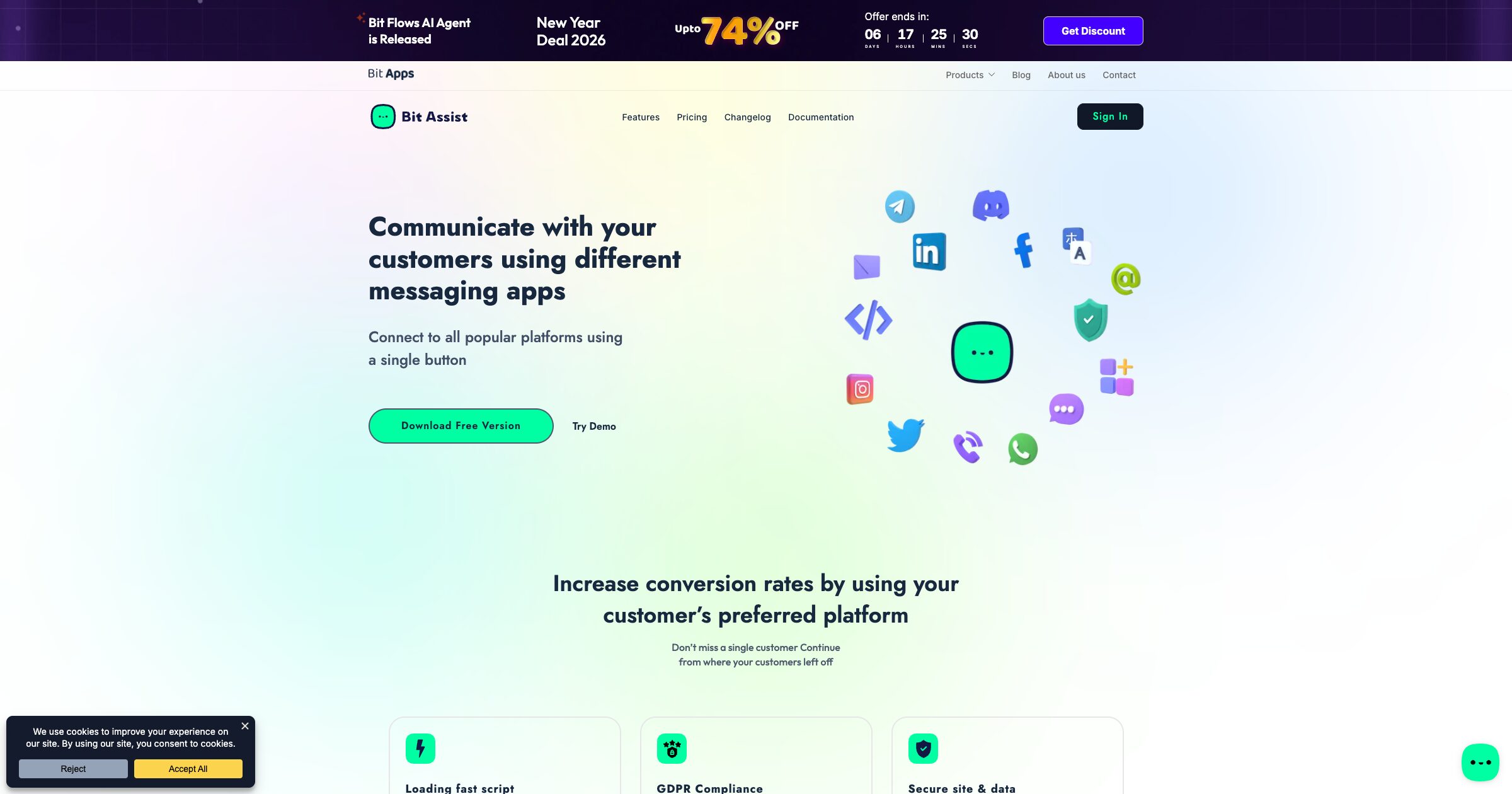 Bit Assist dashboard for configuring website chat and messaging channels
