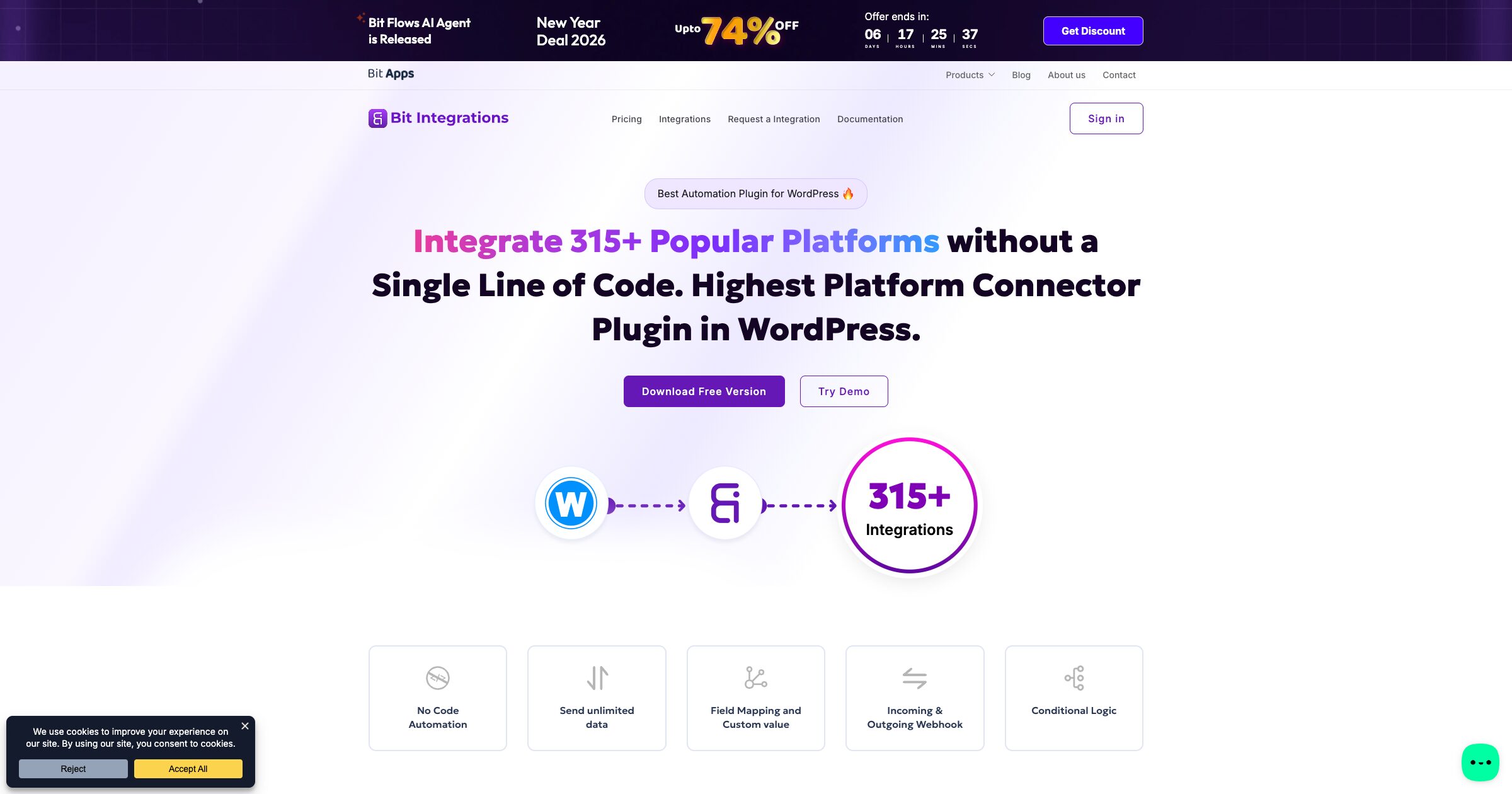Bit Integrations workflow builder connecting WordPress plugins and external services