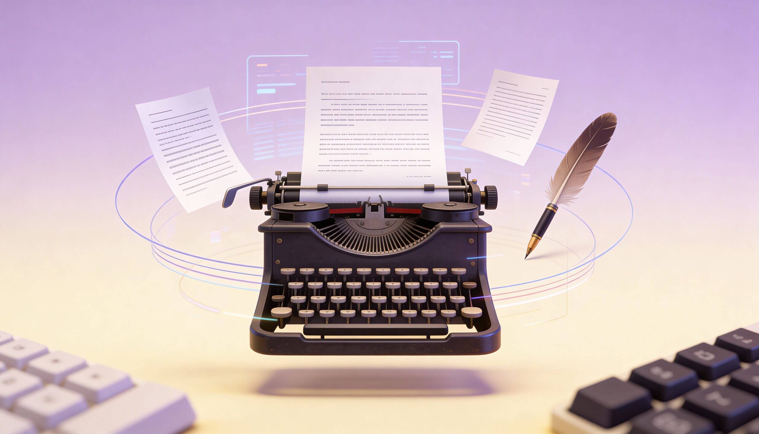 Professional writing workspace with typewriter and notebook
