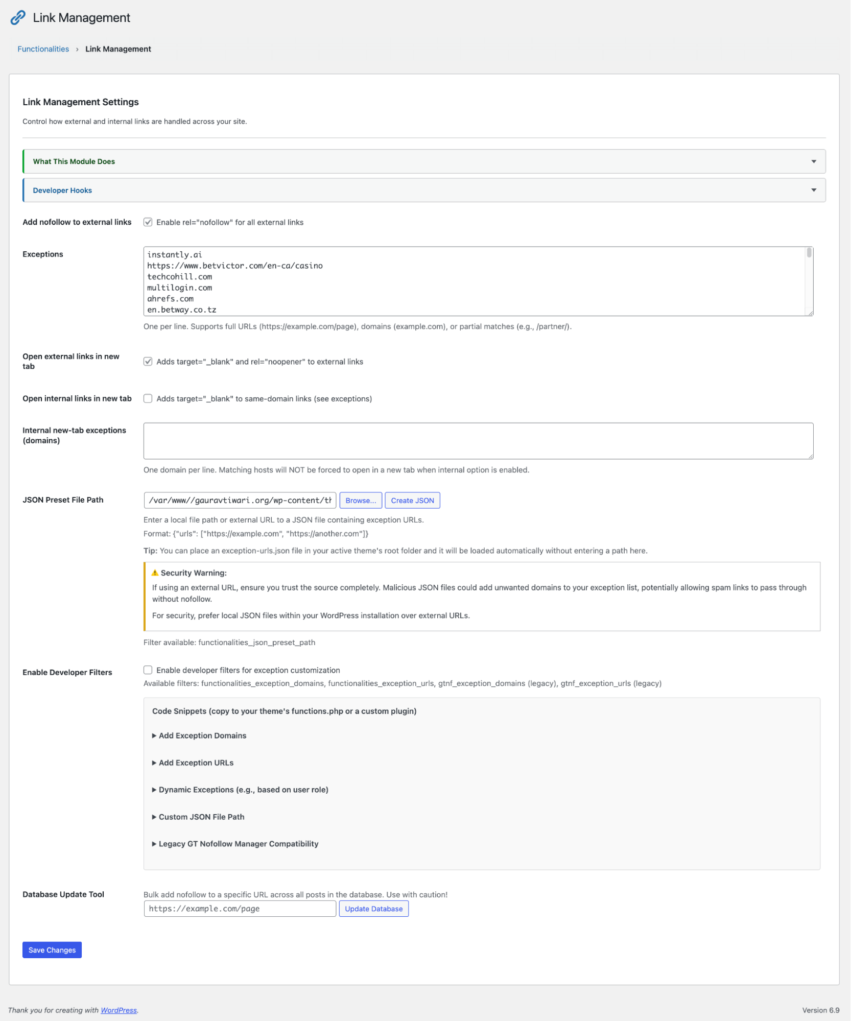 Link Management Settings