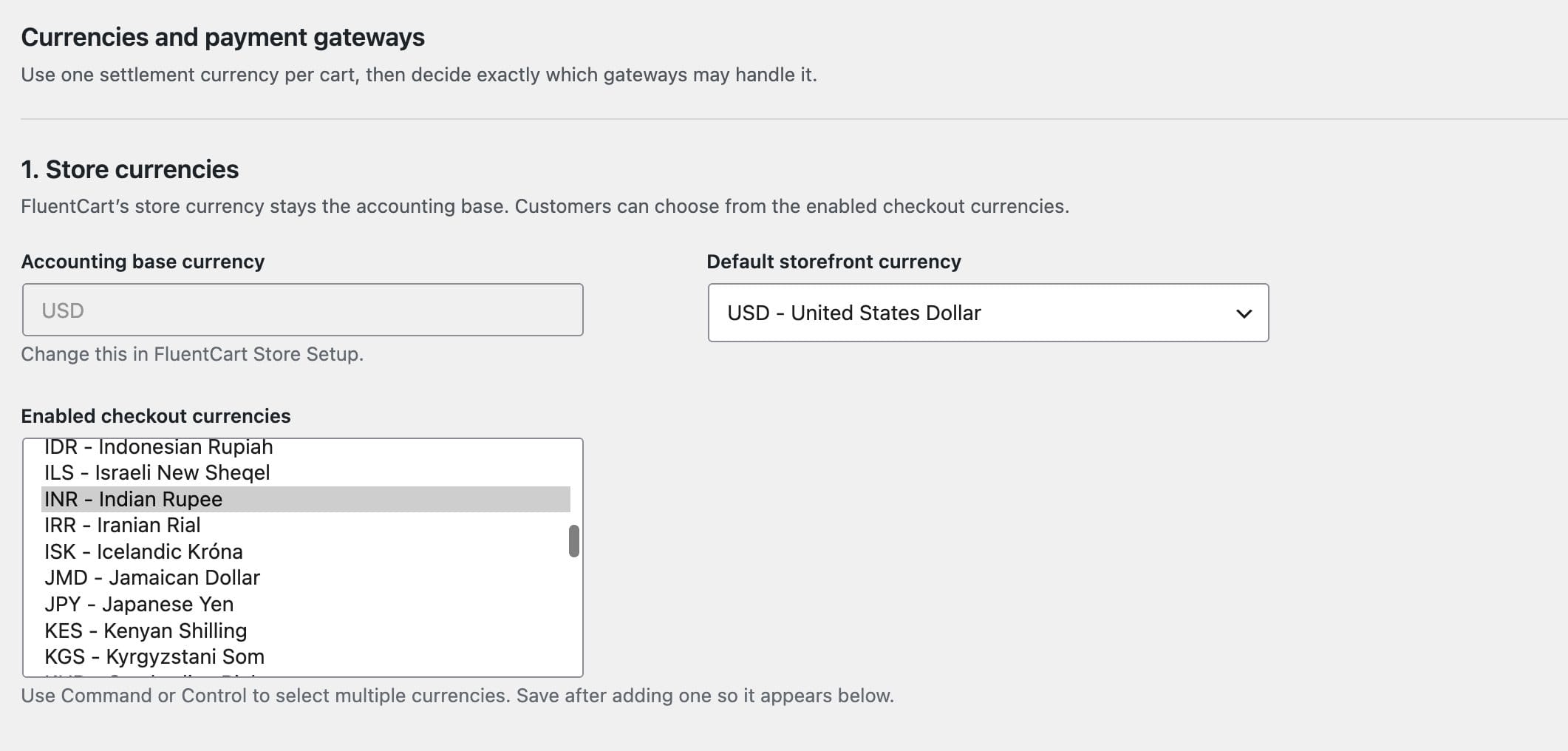 GT Extensions settings for base currency, storefront currency, and enabled checkout currencies