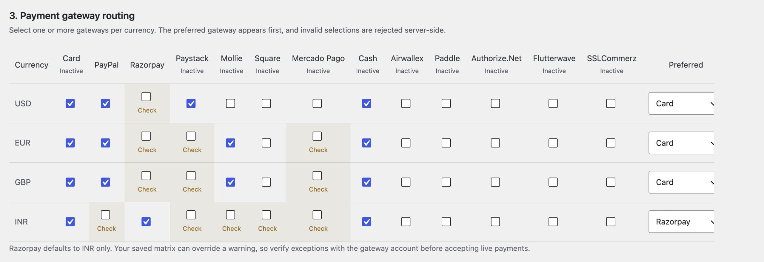 GT Extensions payment gateway routing matrix for USD, EUR, GBP, and INR