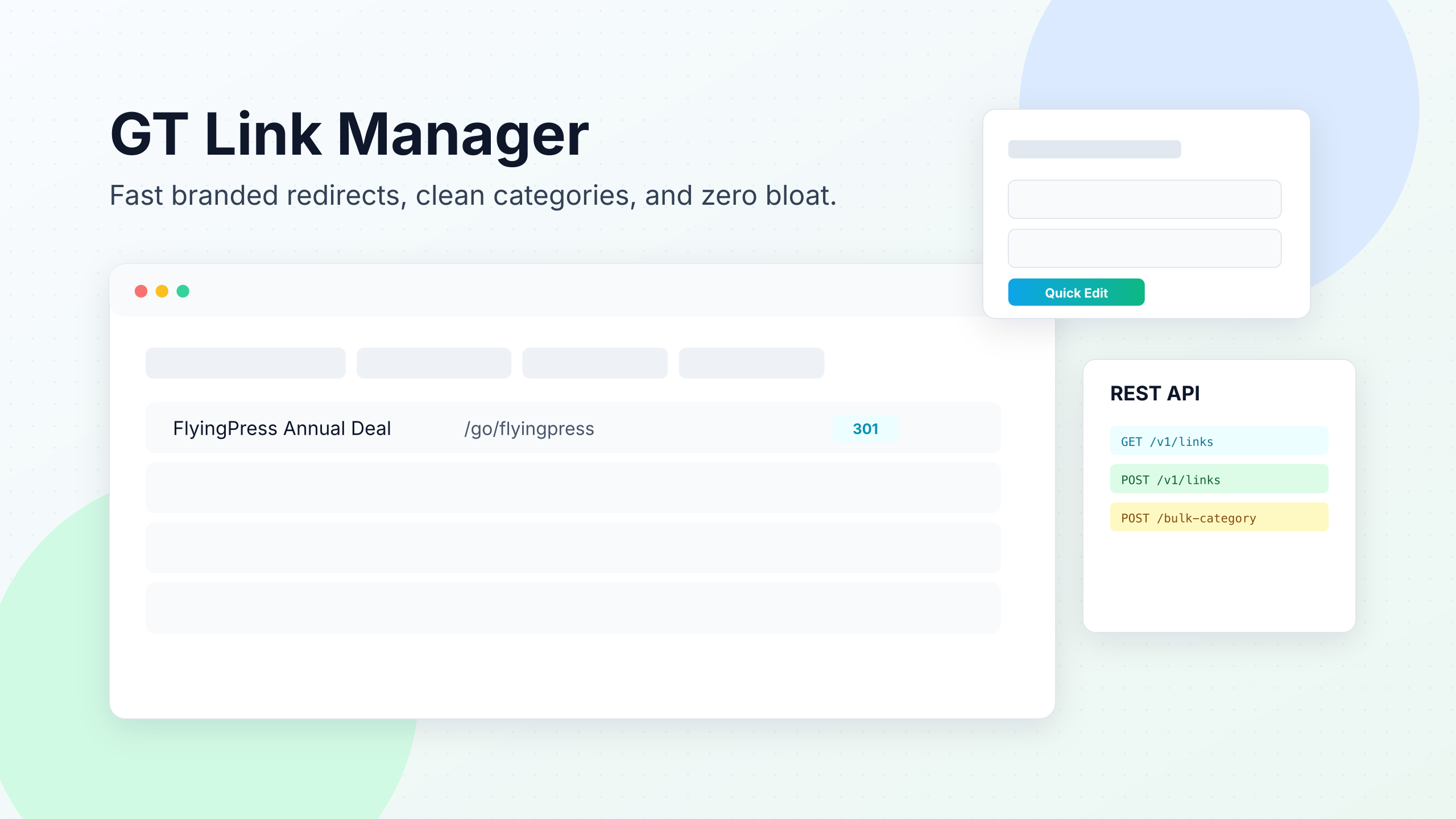 GT Link Manager dashboard overview showing link list with redirect types and categories