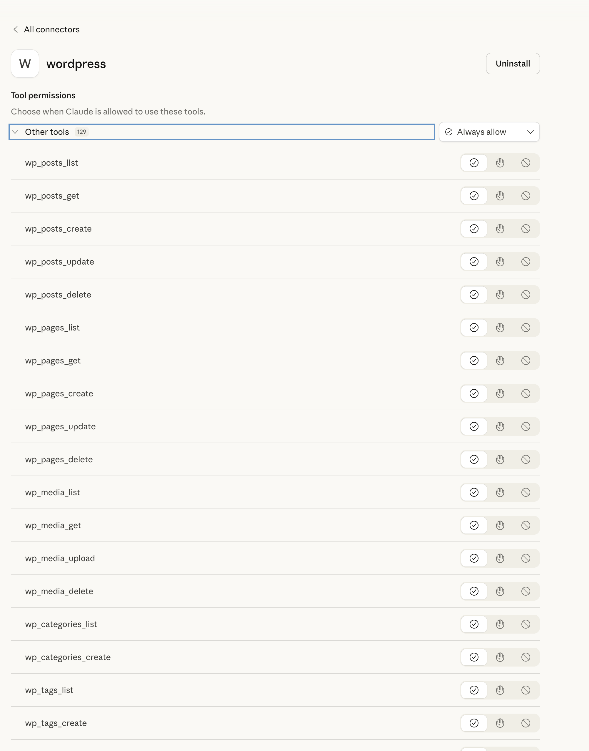 WordPress tool permissions interface for Claude