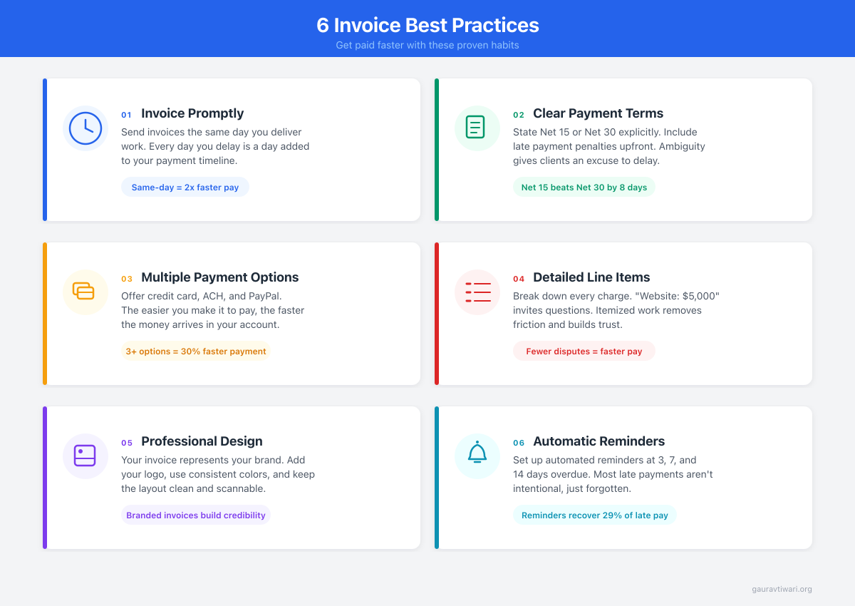 Six invoice best practices infographic: invoice promptly for 2x faster payment, set clear payment terms, offer multiple payment options, use detailed line items, maintain professional design, and set up automatic reminders that recover 29% of late payments