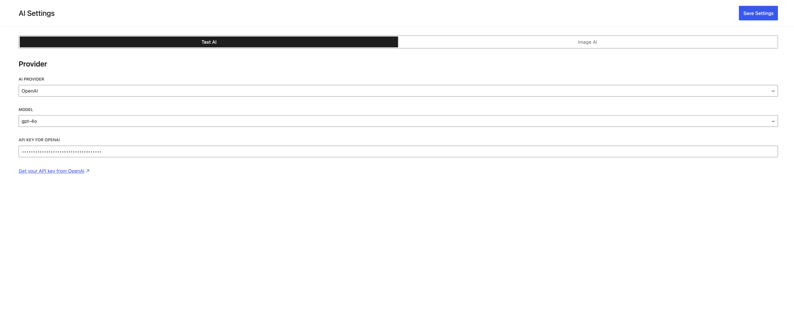 AI Settings showing OpenAI provider, gpt-4o model, API key configuration with Text AI and Image AI tabs