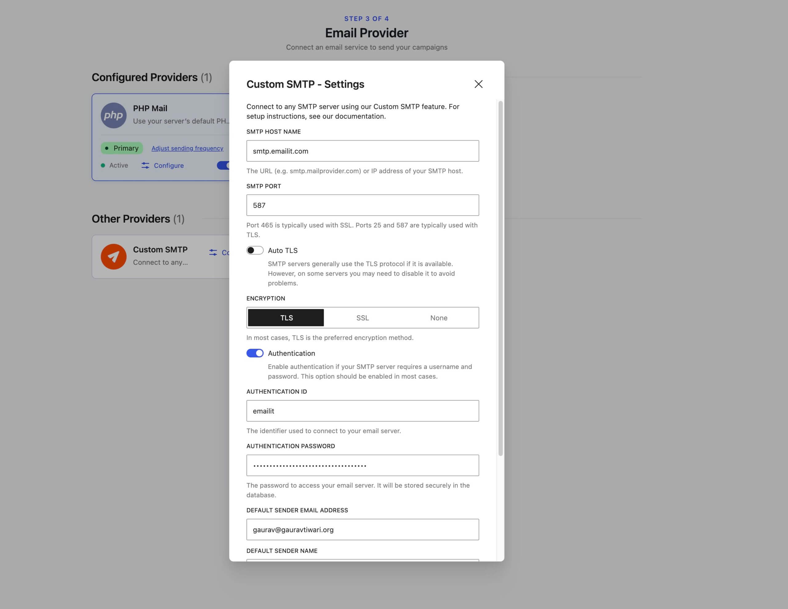 mailerpress setup custom smtp settings