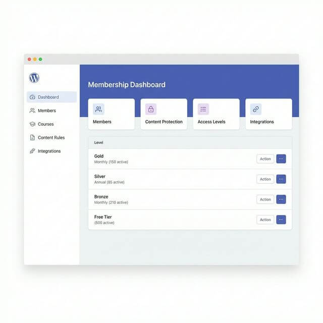 WordPress membership dashboard showing content protection and access levels