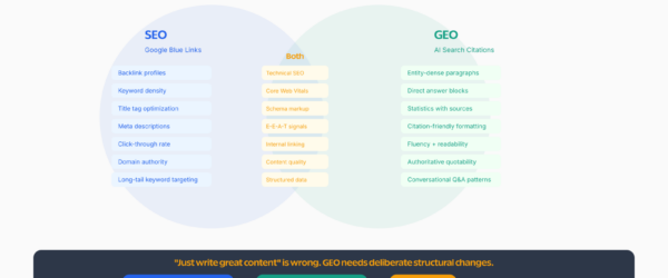 GEO vs SEO Venn diagram showing overlap and gaps between generative engine optimization and search engine optimization