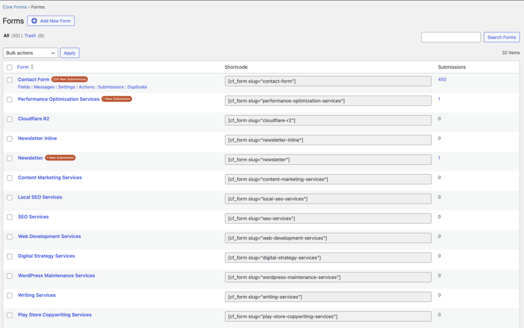 Core Forms admin showing all forms with shortcodes