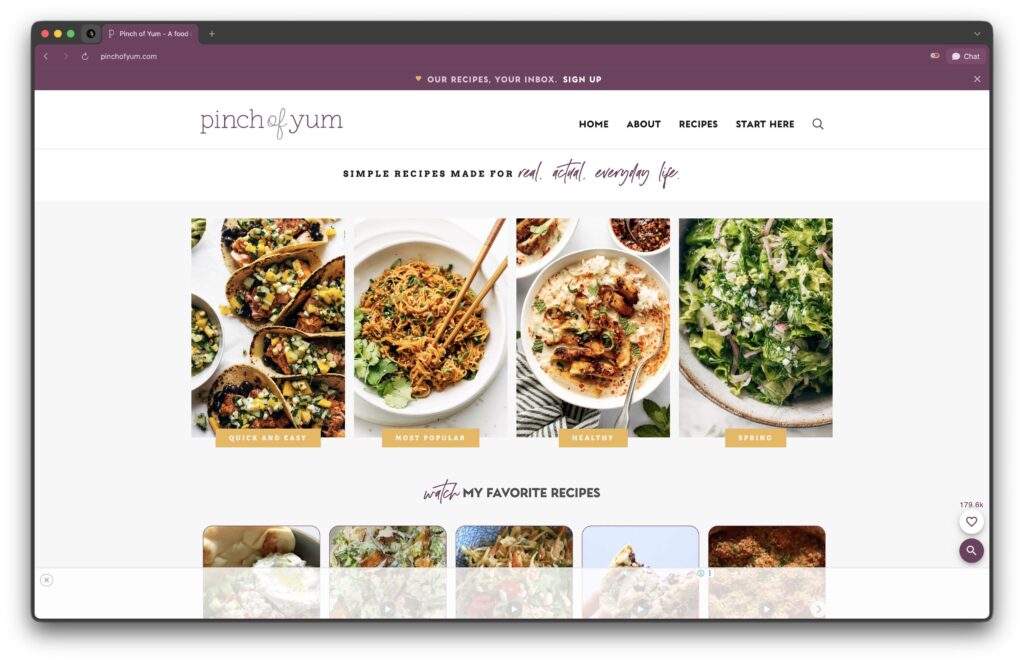 Pinch of Yum homepage with a photography-first recipe card grid