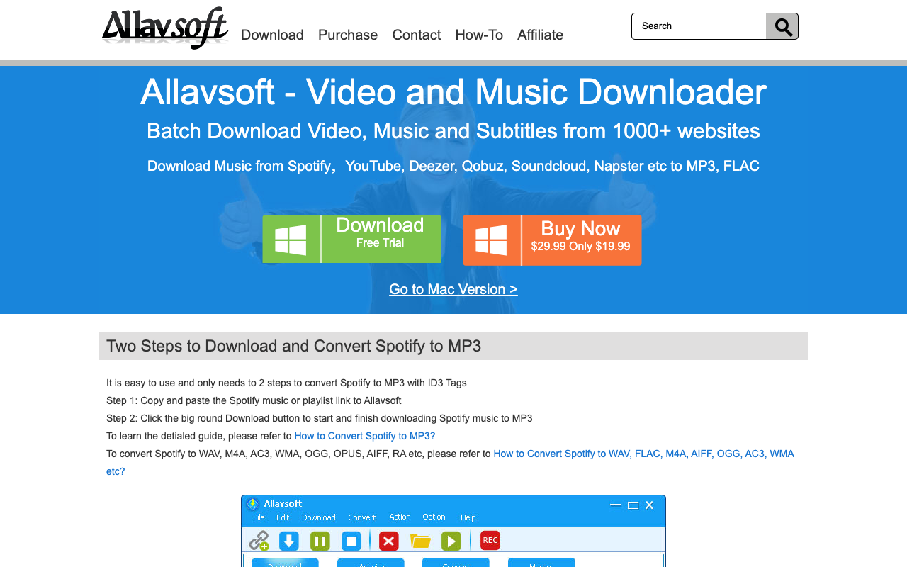 Allavsoft video downloader homepage for Windows and Mac