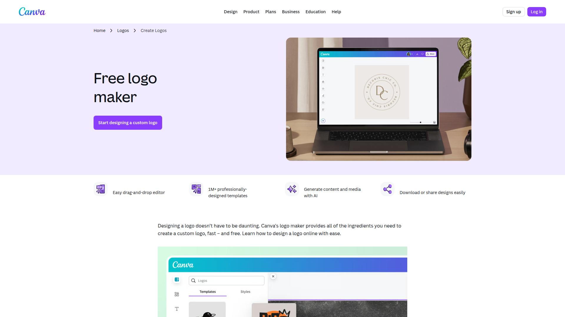 Canva Logo Maker homepage showing template-based logo design interface