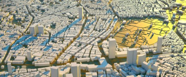 3D cityscape with water reflections