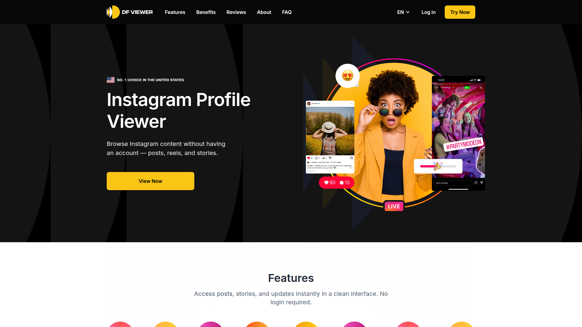 DFViewer homepage showing anonymous Instagram viewer interface