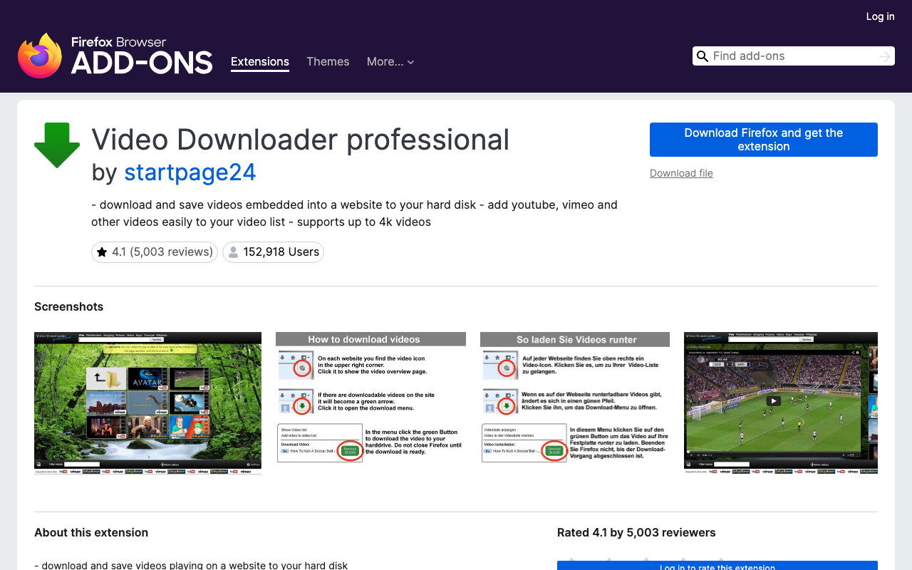 Video Downloader Professional Firefox addon page