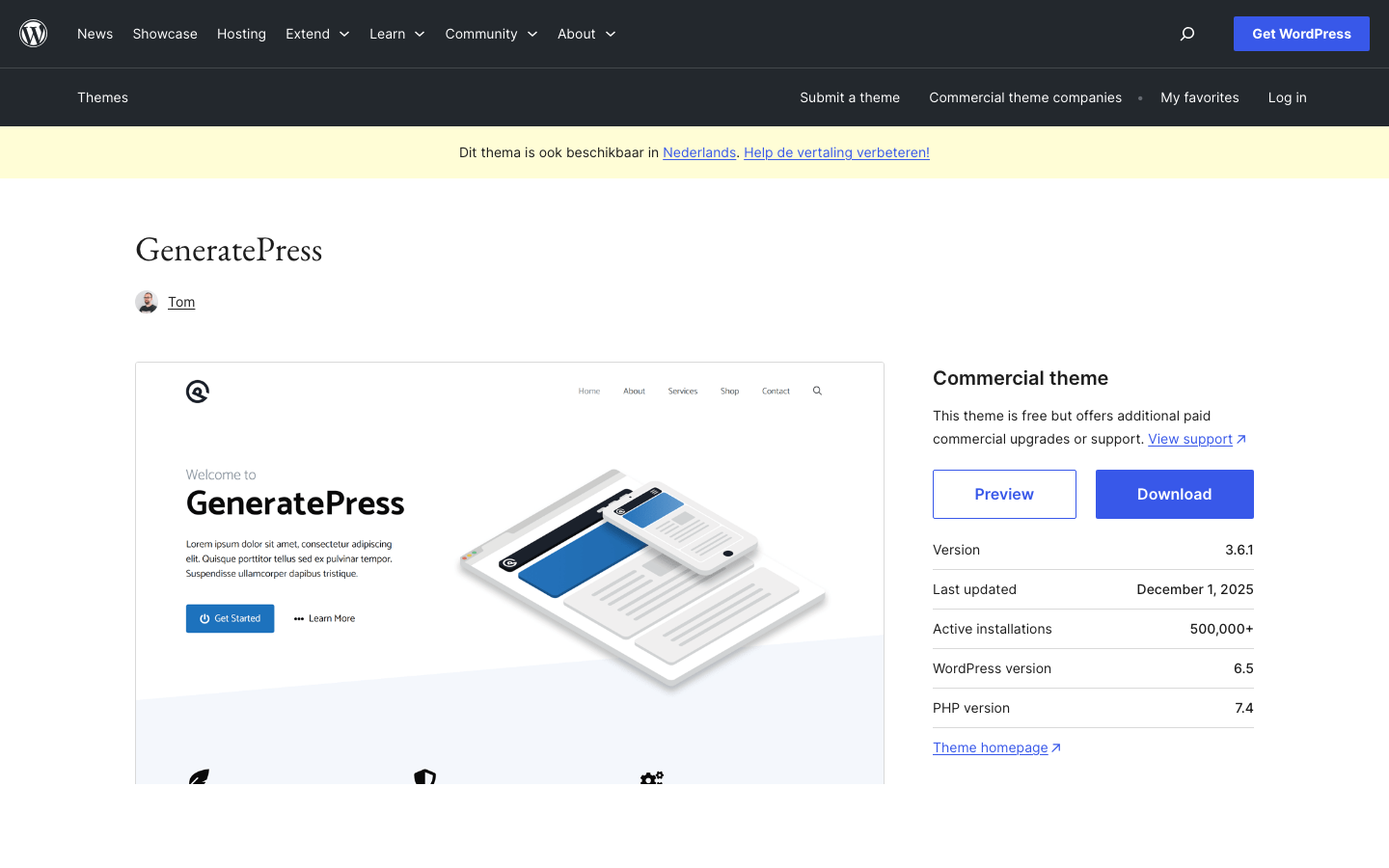 GeneratePress WordPress theme page showing version 3.6.1 and 500000 plus active installations