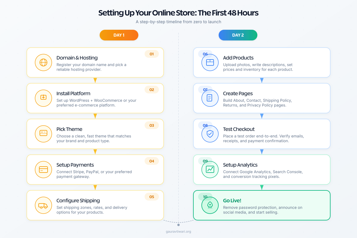 Step-by-step timeline showing how to set up an ecommerce store in two days