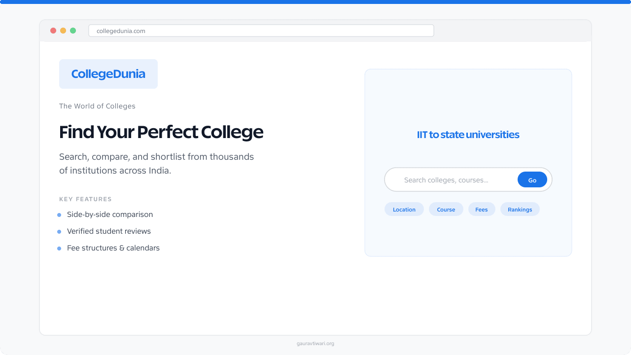 CollegeDunia homepage with college comparison and student review features