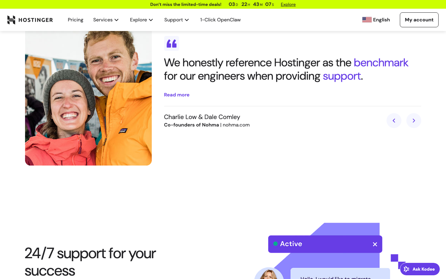 Hostinger customer support testimonial and 24/7 support section